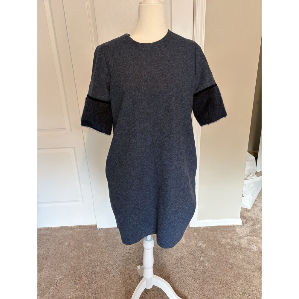 Mignon Doo Anthropologie Navy Wool Blend Fur Trim Midi Dress Quiet Luxury Medium